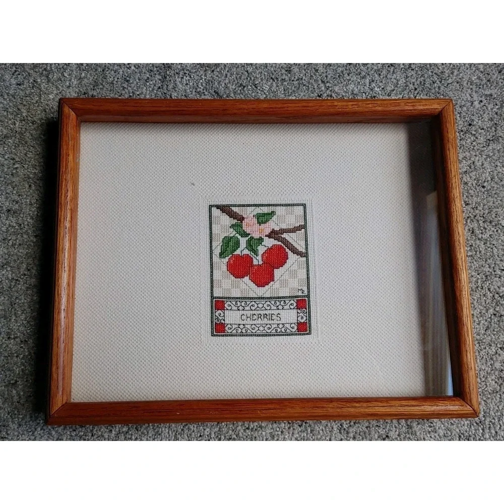 Vintage Cross Stitch Cherries Wood Framed Shadow Box Decorative Country Cottage
